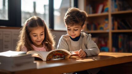 Two little preschoolers reading a book sitting at the classroom - obrazy, fototapety, plakaty