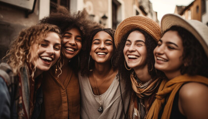 Obraz premium Young adults enjoy leisure activities outdoors with a multi ethnic group generated by AI