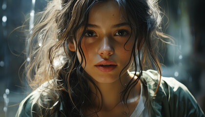 Naklejka premium Beautiful woman with long brown hair looking at camera in rain generated by AI