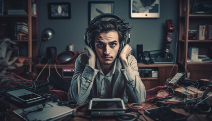 Young Caucasian man working indoors with computer and headphones generated by AI