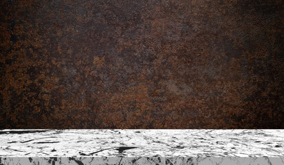 white carrara marble table at foreground with aged grunge rusted metal texture at background for...