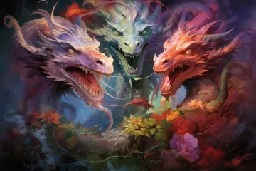 Fototapeten Fire-breathing drakes, smaller relatives of dragons, with fierce temperaments - Generative AI © Sidewaypics