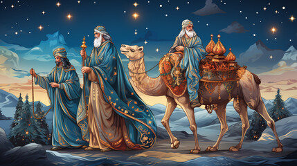 Three Wise Men: The iconic figures of the Three Wise Men riding on camels and bearing gifts. - obrazy, fototapety, plakaty