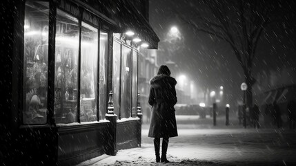 woman in the snow at night on the street