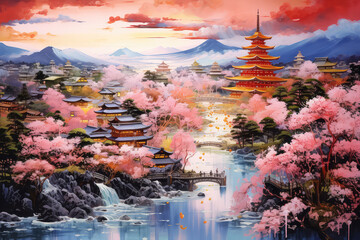 oil painting on canvas, Japan at Castle in spring season. Japan. (ai generated)