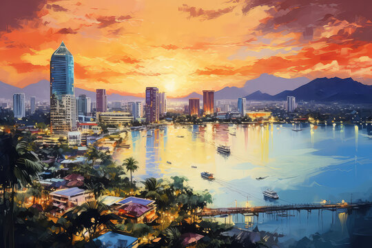 oil painting on canvas,Building and boat at sunset landmark of Bangkok, Thailand (ai generated)