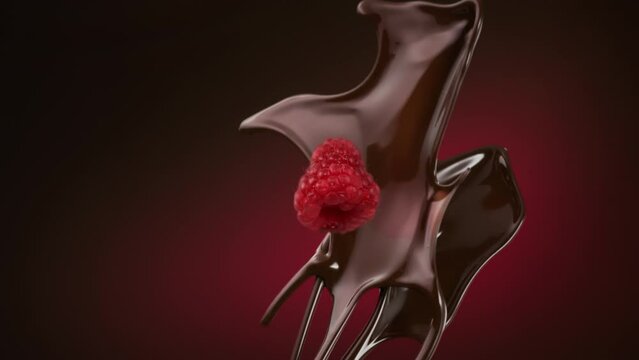 Chocolate and fresh raspberry splashing and falling in slow motion. Red gradient in background.