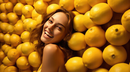 Fototapeta na wymiar Portrait of a smiling young pretty woman against a background of many fresh delicious lemon. Lots of lemons, horizontal banner. 