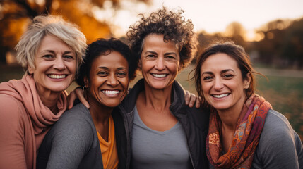 Fototapeta premium Happy senior friends wearing sportswear, posing in park. Lifestyle concept.
