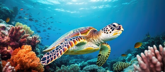 Fototapeta na wymiar Hawksbill sea turtle in Bali s underwater world With copyspace for text