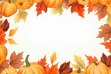 Naklejka na ściany i meble Thanksgiving Card With Frame Made Of Autumn Leaves And Pumpkins And Copy Space For Text. Minimalist Flat Illustration. Ai Generated 