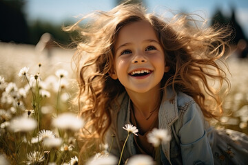 Happy little girl in a flowers meadow
