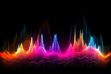 Abstract soundwave design on dark backdrop. Graphic equalizer effect with vibrant neon hues. Generative AI