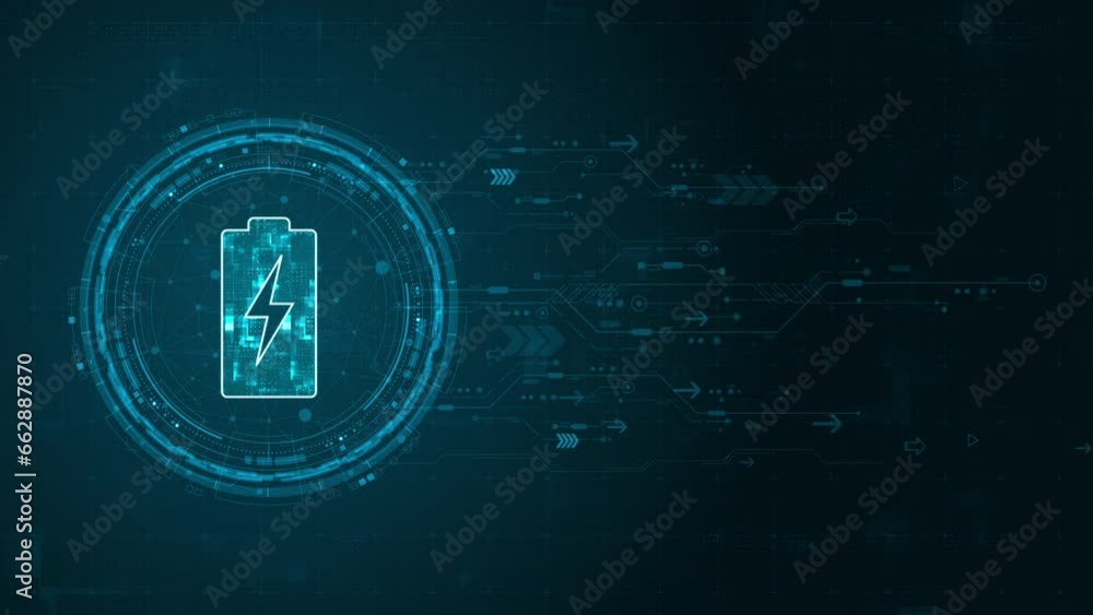Poster motion graphic of blue digital battery logo and circle futuristic hud elements with flowing arrows w