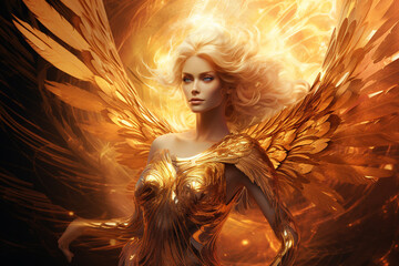 Fantasy concept. Beautiful golden phoenix woman humanoid portrait. Girl silhouette rises like Phoenix from ashes with flames and fire. Model with wings. Generative AI