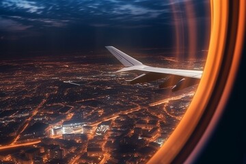 Night city view from airplane window. Night cityscape illuminating city lights. Travel and tourism concept. Generative AI