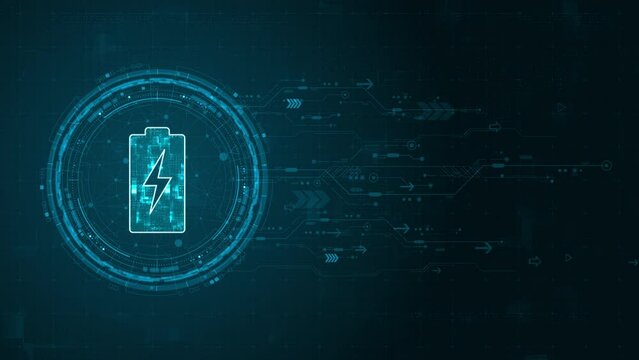 Motion graphic of Blue digital battery logo and circle futuristic HUD elements with flowing arrows with power reserve concepts on abstract background