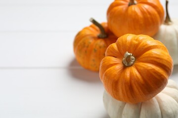 Thanksgiving day. Different pumpkins on white wooden table, closeup. Space for text