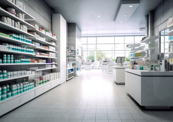 Empty drugstore pharmacy or clinic with medicine on shelves.Macro.AI Generative