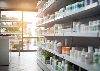 Gordijnen Empty drugstore pharmacy or clinic with medicine on shelves.Macro.AI Generative © DenisMArt