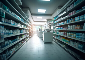 Obraz premium Empty modern pharmacy drug store with shelves.Macro.AI Generative