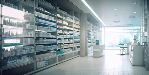 Empty modern pharmacy drug store with shelves.Macro.AI Generative - obrazy, fototapety, plakaty