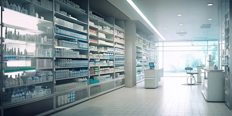 Empty modern pharmacy drug store with shelves.Macro.AI Generative © DenisMArt
