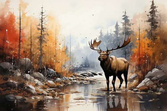 watercolor painting of a moose in the woods
