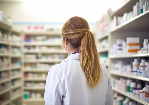 Young female pharmacist consultant at pharmacy between shelves with medicines.Macro.AI Generative