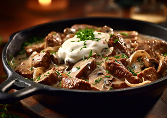 Beef stroganoff meal with mushrooms and sour cream gravy sauce in deep pan.Macro.AI Generative - obrazy, fototapety, plakaty