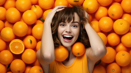 Portrait of a smiling young pretty woman against a background of fresh delicious orange. Lots of oranges, horizontal banner.  - obrazy, fototapety, plakaty