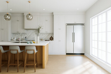 Bright kitchen with island and large double door refrigerator. 