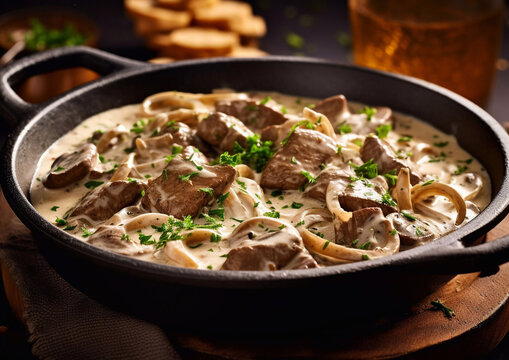 Beef stroganoff meal with mushrooms and sour cream gravy sauce in deep pan.Macro.AI Generative