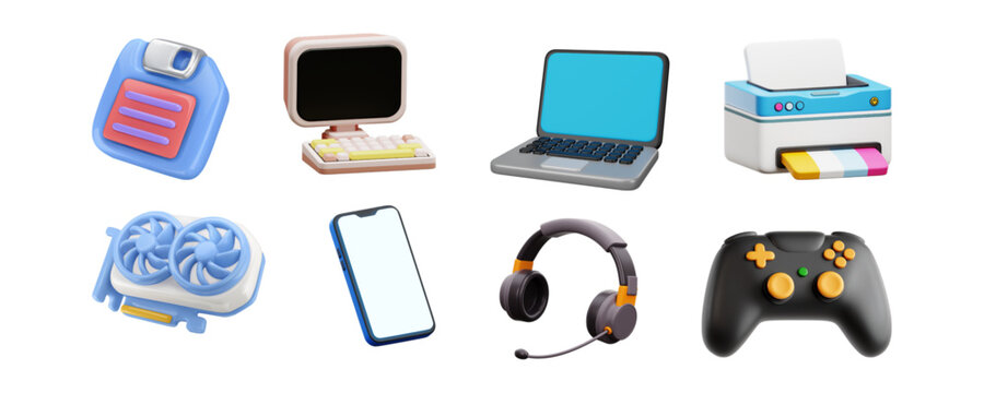 Computer devices 3d render vector icon set. Computer, laptop, smartphone, headphones, printer, game console, floppy disk, video card