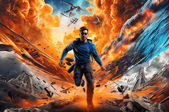 Action shot with man in the action. Dynamic scene in action movie blockbuster style.