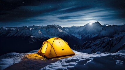 Camping tent in the mountains at night