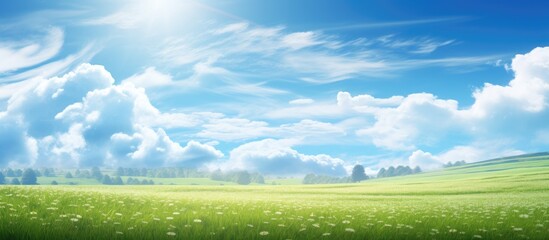Obraz na płótnie Canvas Blue sky and sunlight illuminating a spring field With copyspace for text
