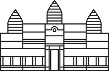 Simple black flat outline drawing of the Cambodian historical landmark monument of the ANGKOR WAT, SIEM REAP