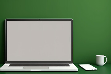 Empty computer screen. Open laptop with white blank screen on office desk, green wall background, copy space. illustration. Generative AI
