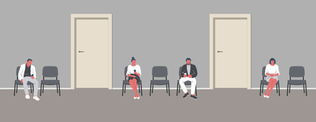 People in the waiting room. People waiting in line. Men and women sit on chairs and look at their phones. Waiting hall in gray color. Corridor interior. Chairs near the doors. Vector