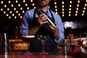 Bartender with shaker preparing fresh alcoholic cocktail in bar, closeup