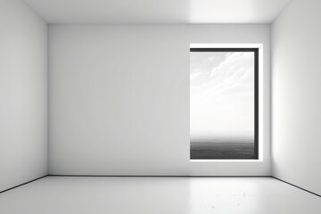 window on a white, empty wall. of a living room interior with a sky background. Generative AI