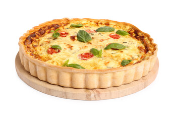 Delicious quiche with cheese, tomatoes and basil isolated on white