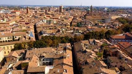 Aerial view of the historic center of Reggio Emilia, Italy. You can see the churches of the city...