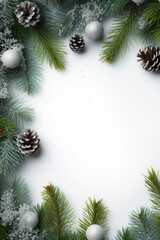 Obraz na płótnie Canvas Beautiful Christmas composition, background. Christmas decor, pine cones, fir branches, balls and ornaments on white background. Flat lay, top view.Christmas composition.Copy space. Mock up.