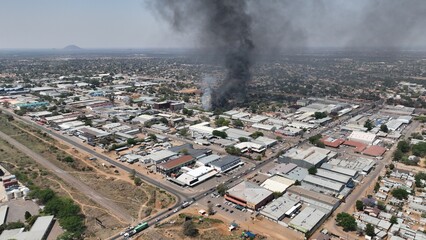 Aerial view of a fire at Broadhurst industrial area in Gaborone, Botswana, Africa