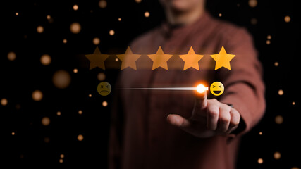 Customer review satisfaction feedback survey concept. Women users give rate to service experience...