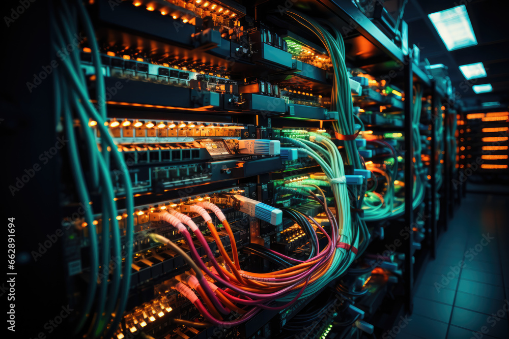 Poster a complex array of wires and cables converging at a data center, where servers process and transmit 