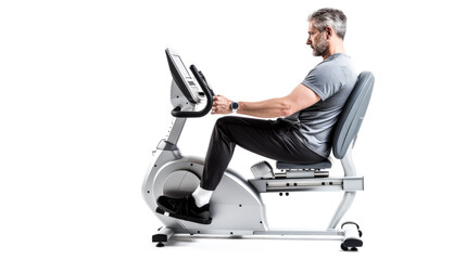 A patient rides a recumbent bike for cardio, while a medical professional supervises in a clinical setting.