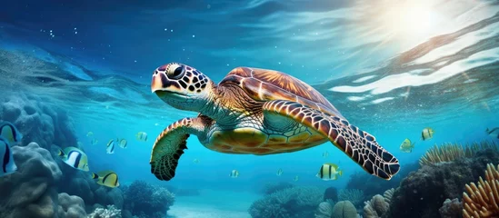 Fotobehang Cute green sea turtle in natural underwater habitat With copyspace for text © 2rogan